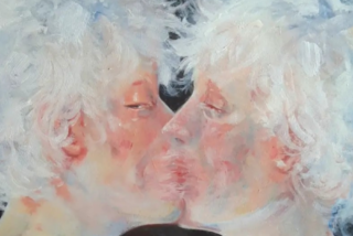 Abstract painting of two figures with fluffy white hair facing each other, gently touching noses. Soft pastel colours convey a sense of tenderness.