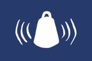 A stylized white cowbell with sound waves on both sides, centred on a blue background, conveying a sense of alertness and communication.