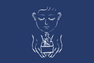 A white line drawing on a blue background shows a serene face with closed eyes above large hands cradling a small figure reading a book. The mood is calm and introspective.