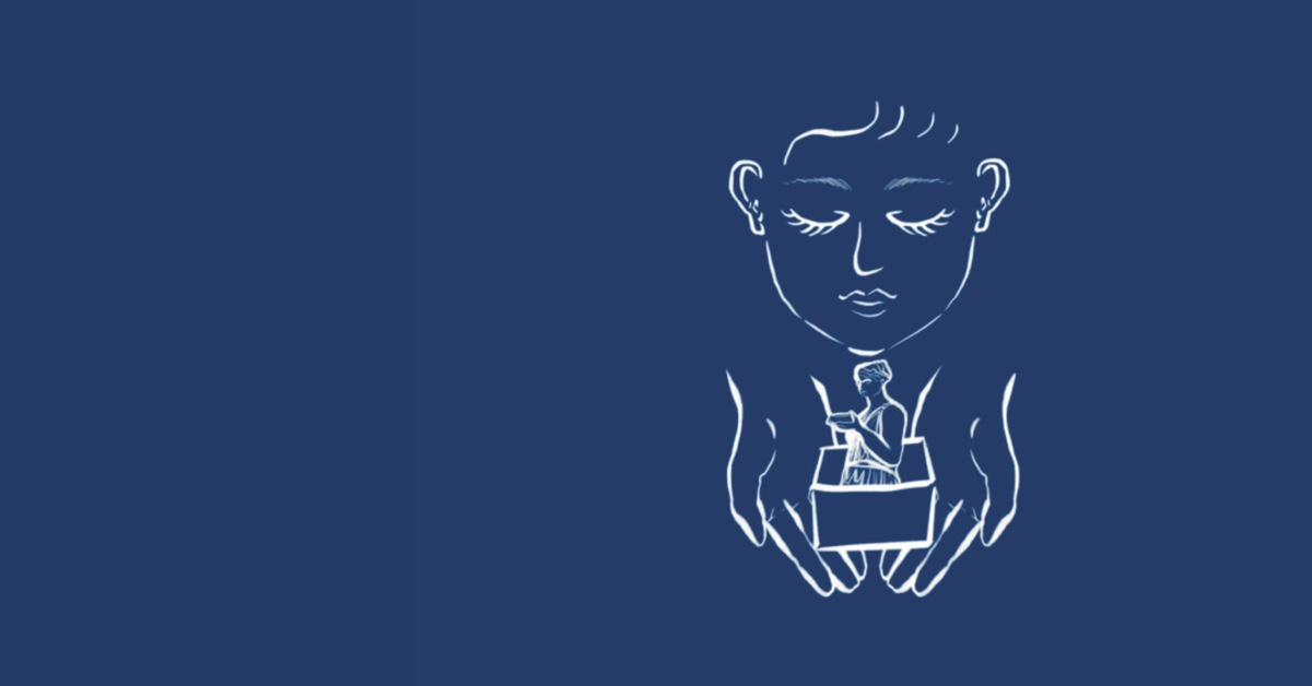 A white line drawing on a blue background shows a serene face with closed eyes above large hands cradling a small figure reading a book. The mood is calm and introspective.