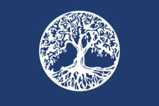 White tree with intricate branches and roots inside a circle on a dark blue background. The image conveys unity, growth, and stability.