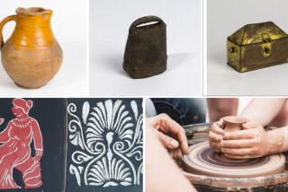 A collage of six images: a rustic brown ceramic jug; a small, aged iron bell; an ornate, rectangular yellow-gold box; a red figure holding a dish in white outlines; a decorative white floral pattern on a dark background; and hands shaping clay on a pottery wheel. The tone is historical and craft-focused.
