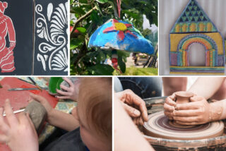 Collage of clay art activities: top features relief carving, a colourful clay bell, and a painted arch. Below, children mould clay and use a pottery wheel.
