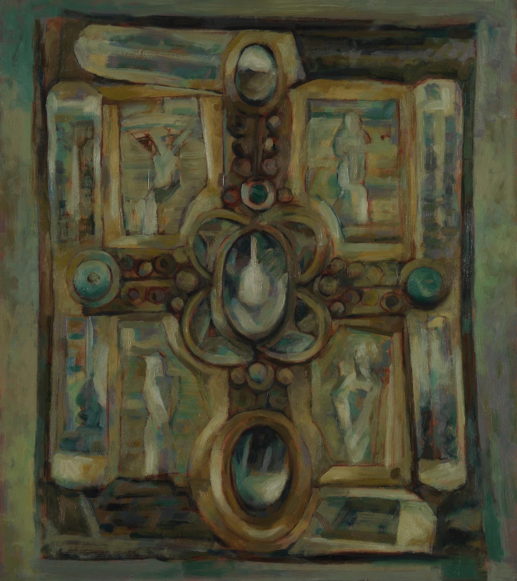 Abstract painting featuring a symmetrical layout with geometric shapes and muted earth tones. Central intricate design evokes a sense of depth and mystery.