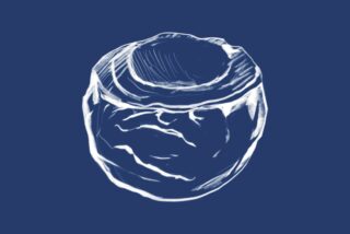 Sketch of a round persimmon on a blue background, with delicate white lines detailing its textured surface, creating a simple, elegant look.