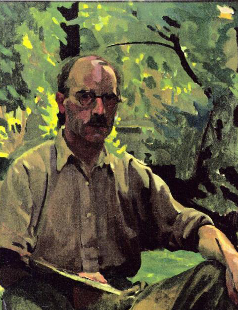 A man with glasses, wearing a beige shirt, sits outdoors against a backdrop of lush green foliage. The scene has a serene and contemplative atmosphere.