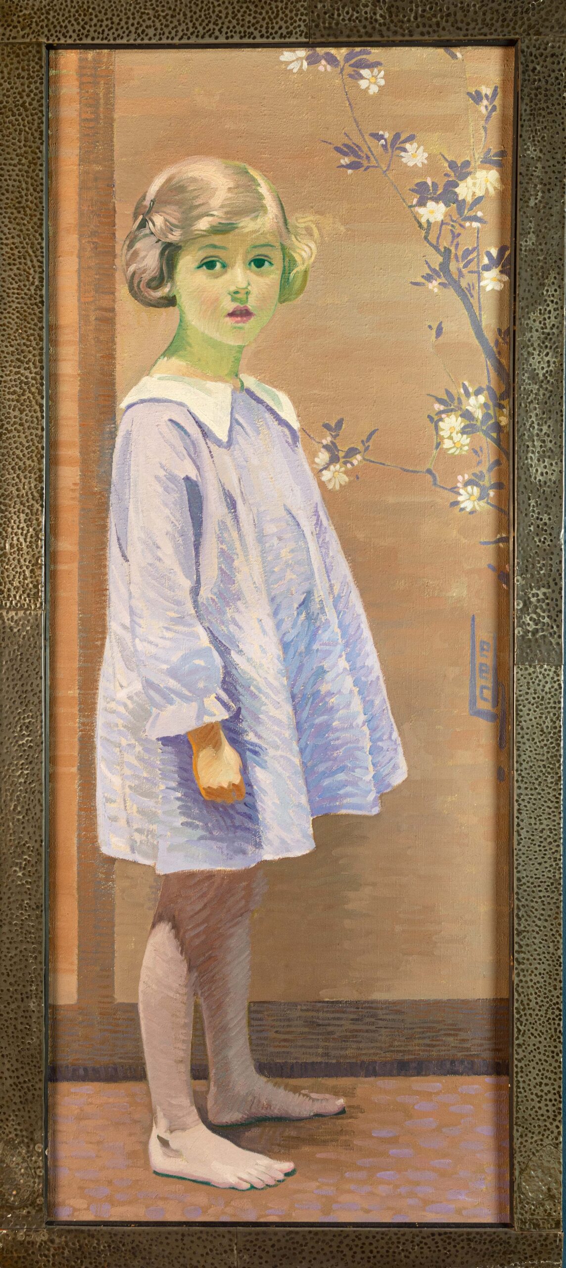 Painting of a young girl with a greenish face, in a loose white garment. Delicate flowers adorn the background, creating a serene, dreamlike atmosphere.