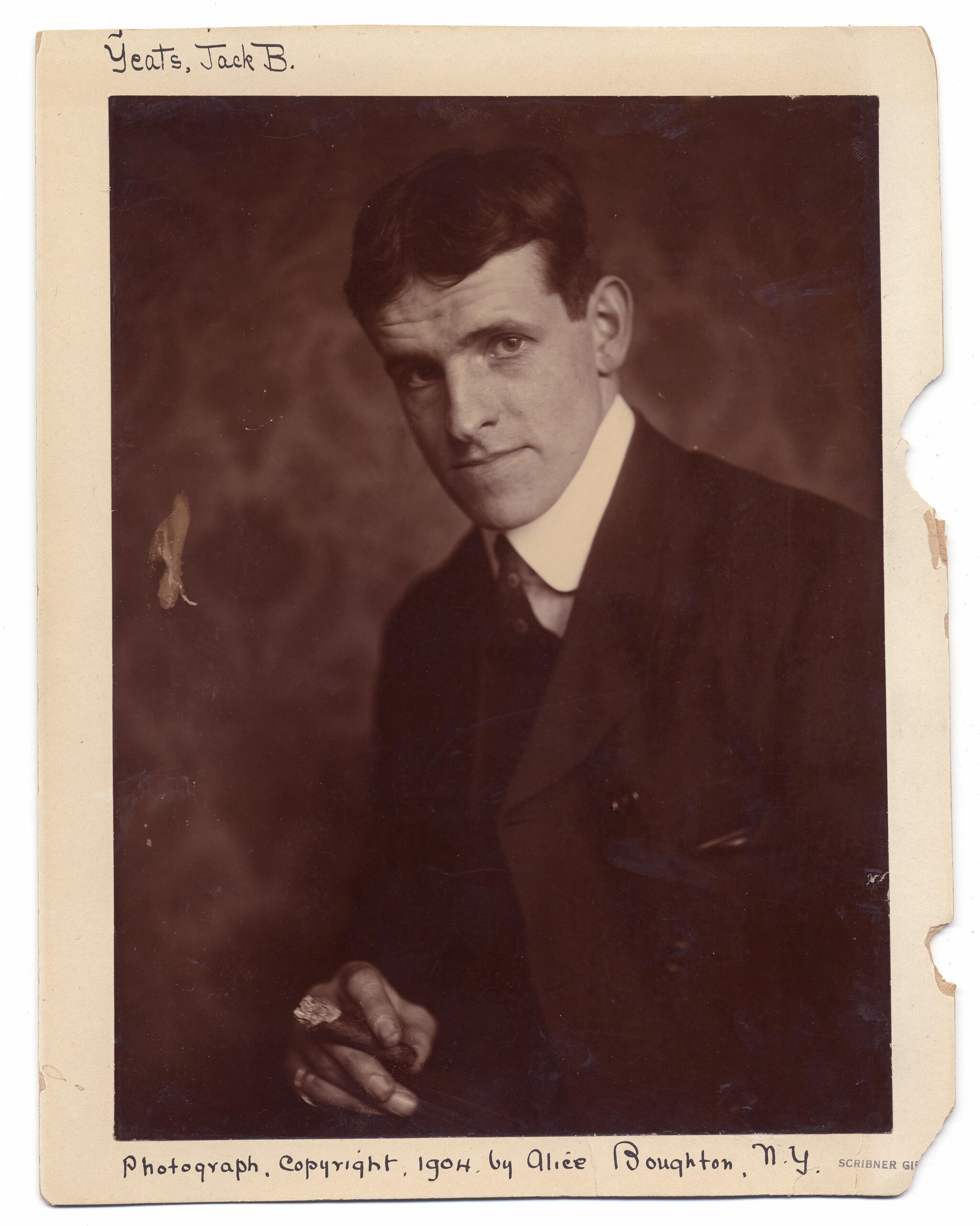 A sepia-toned portrait of a man in a suit holding a cigar, with a contemplative expression. The vintage style conveys a historical, formal tone.