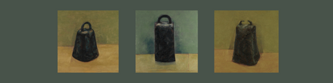 Three paintings of dark metallic cowbells, each set against muted green and tan backgrounds. The artwork has a simple and contemplative tone.