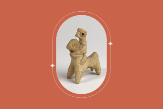 Clay figurine of a person riding a horse, with minimal details and rough texture, set against a terracotta background. The mood is ancient and rustic.