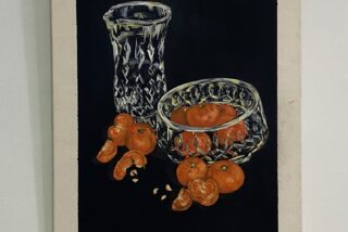 A painting displays vibrant oranges, both whole and peeled, alongside a detailed crystal glass and bowl on a black background, creating a rich contrast.