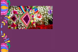 Festive, colourful yarn decorations hang against a backdrop of twinkling white lights. Purple floral and leaf patterns frame the image on a purple background.