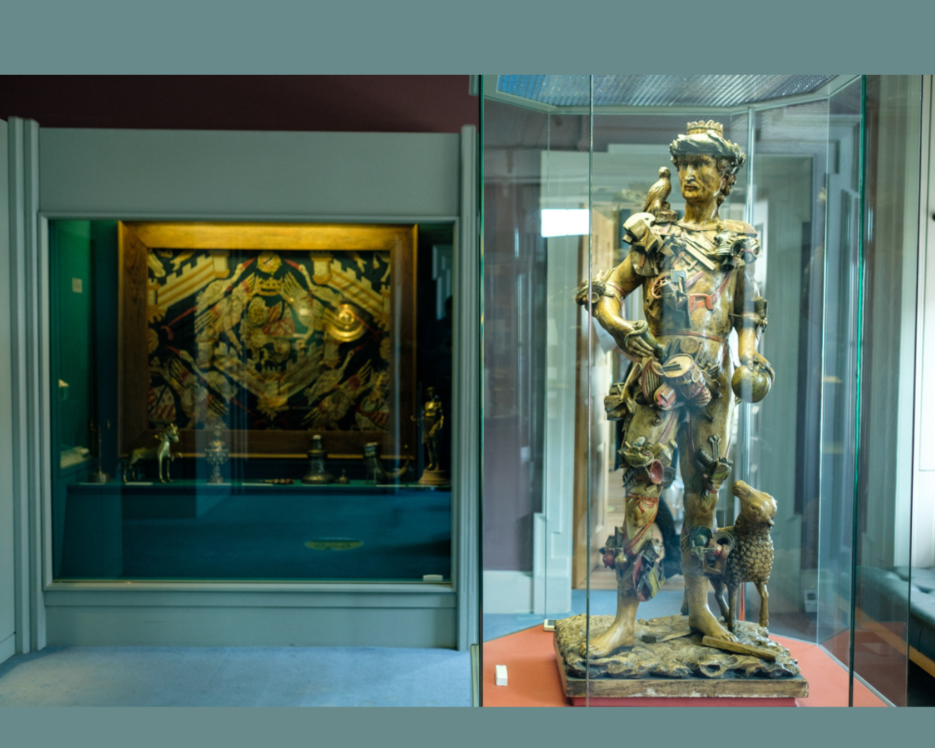 Hunt Museum display shows Apollo statue adorned with fruits and animals by Arcimboldo on the right. A tapestry and artifacts are behind glass on the left.