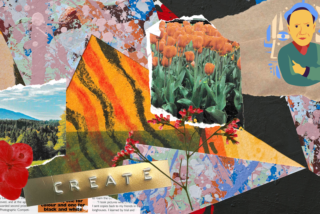 Colourful collage featuring tulips, a forest landscape, abstract paint splashes, a red flower, and 