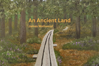 Painting of a forest with tall trees and a narrow path leading into the distance. Lush greenery and purple flowers create a serene, ancient atmosphere. Text reads 
