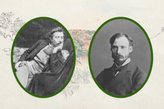 Two vintage portraits in green ovals; one man reclines thoughtfully, the other faces forward, set against a soft landscape sketch background.
