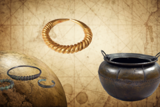 Ancient golden torc, bronze bracelets, and a metal cauldron displayed against an old map background, evoking a historical and exploratory tone.