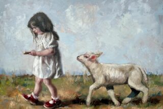 A young girl in a white dress walks on grassy terrain holding a book. A lamb follows beside her. The scene conveys innocence and tranquillity.