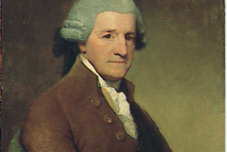 Portrait of an 18th-century man with powdered hair, wearing a brown coat and white shirt. The background is dark, creating a formal, historical tone.