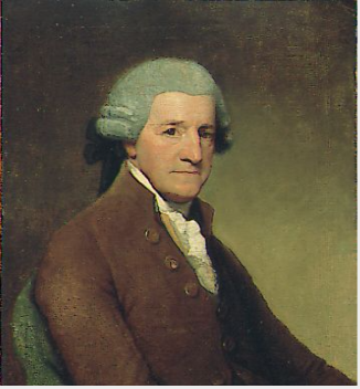 Portrait of an 18th-century man with powdered hair, wearing a brown coat and white shirt. The background is dark, creating a formal, historical tone.