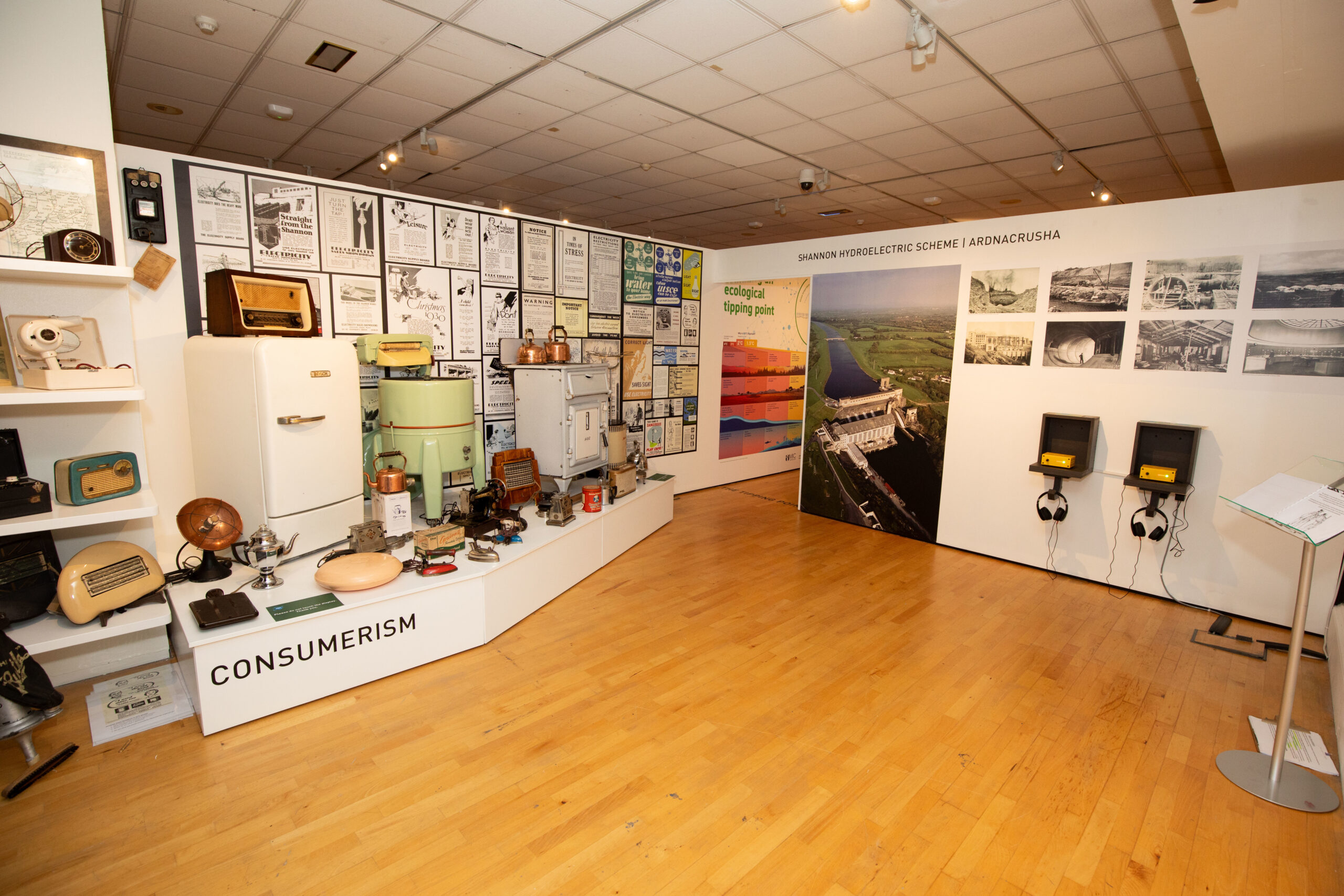 Exhibit showcasing vintage appliances and advertisements titled 