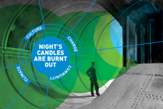 Collage featuring a man inside an industrial structure with text “Night’s candles are burnt out” overlaid on coloured circles labelled culture, change, climate, community.