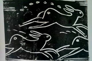 Black and white linocut of three stylized rabbits leaping with dynamic motion lines. The background is textured, conveying a sense of speed and energy.