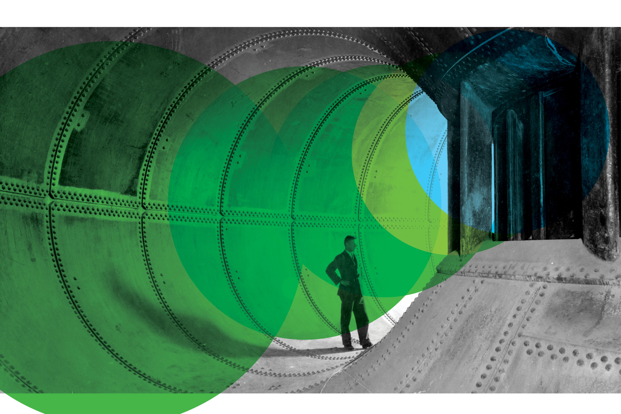 Photo of man standing in a penstock at Ardnacrusha. Image features green and blue circular overlays.
