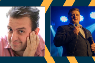 A split image shows two men against a diagonal striped backdrop. On the left, a man in a pink shirt smiles softly with his hand on his cheek. On the right, a man in a suit holds a microphone, standing under blue stage lights, exuding confidence.