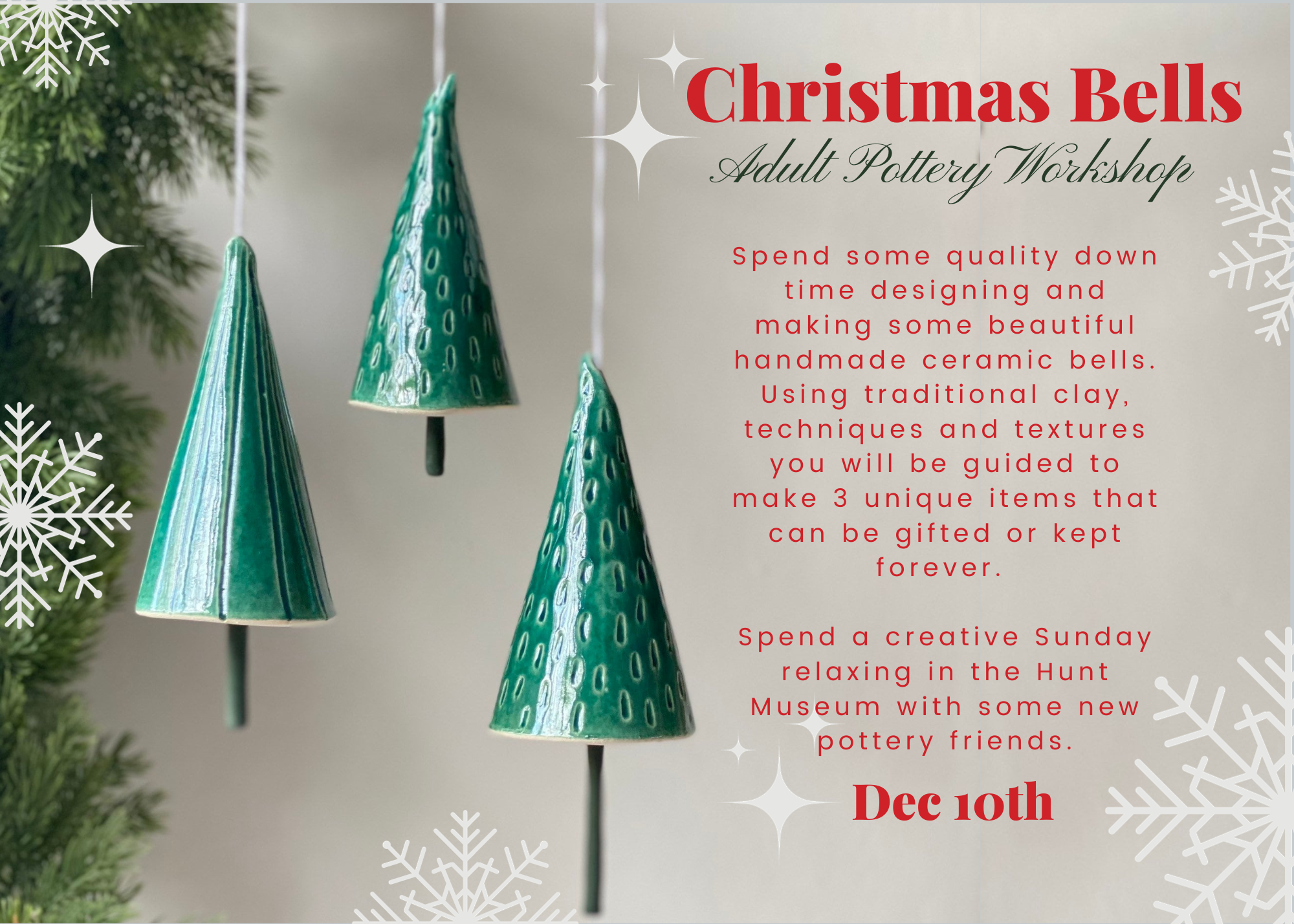 Hanging green ceramic bells resembling Christmas trees with a snowy, festive background. Text reads: 