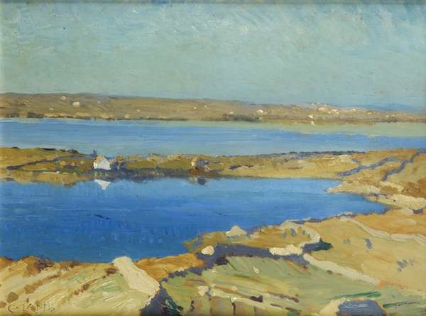 A serene coastal landscape painting showing a vivid blue lake surrounded by earthy tones of land and a bright blue sky. The scene conveys tranquillity.