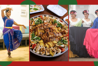 Left: A woman in traditional Indian dance attire performs a pose, exuding grace. Centre: A platter of shawarma wraps with grilled meat, garnished with vegetables. Right: Three women in vibrant, traditional Mexican dresses smile joyfully.
