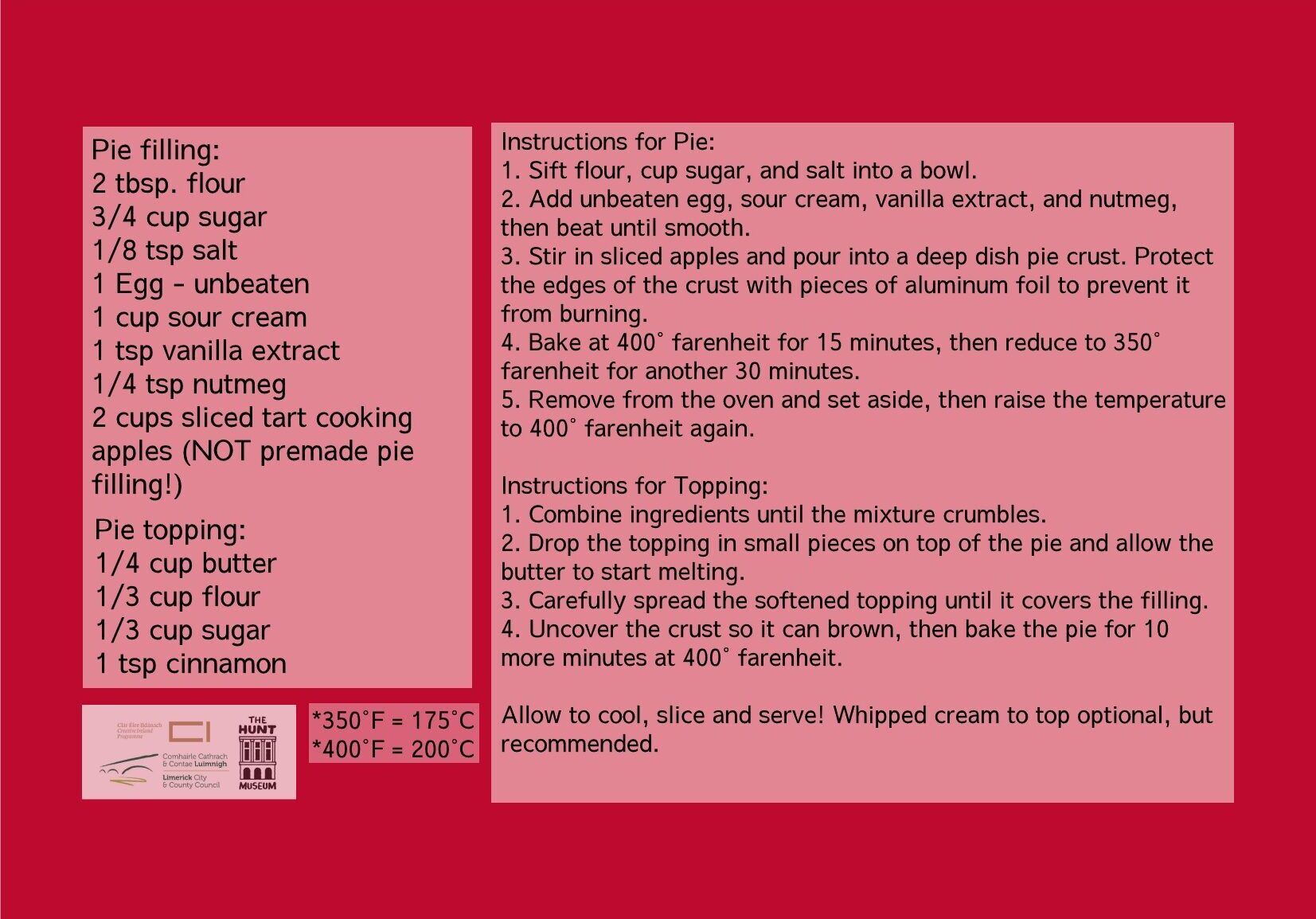 Red background with apple pie recipe. Left: Ingredients list including flour, sugar, sour cream, apples. Right: Baking instructions. Tone is instructional.