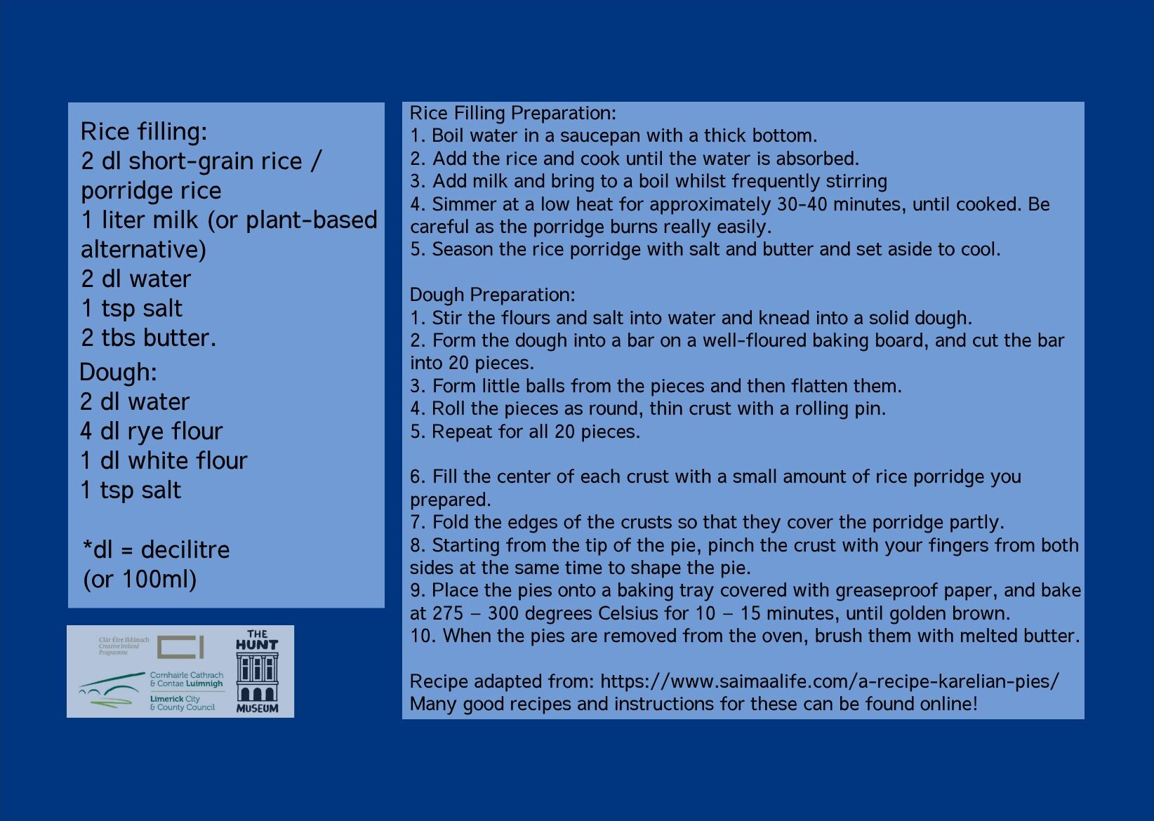 Blue infographic featuring a recipe for rice-filled pastries. Ingredients and preparation steps for filling and dough are listed. Logos and a website link included. Tone: instructional.