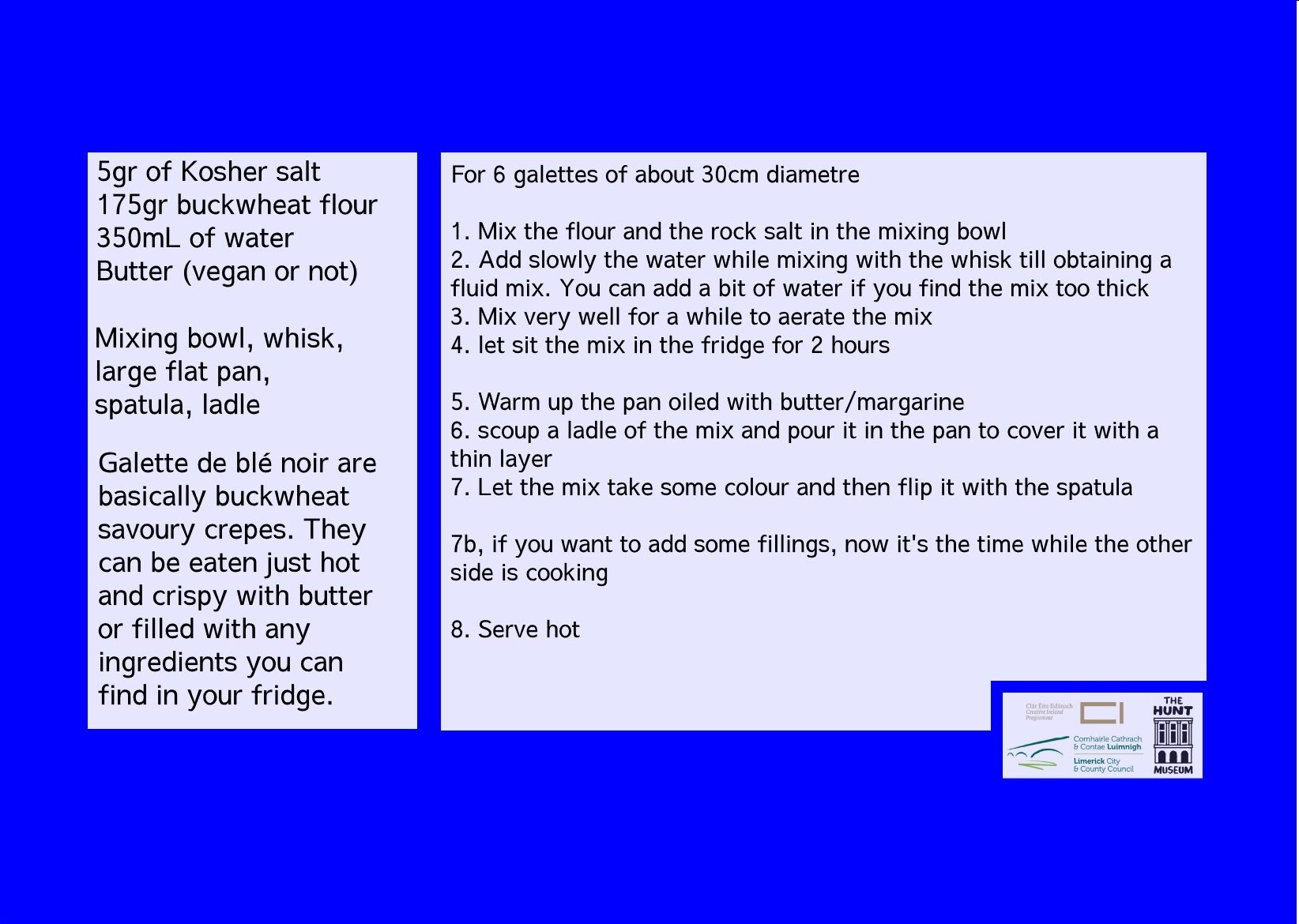 Recipe for buckwheat galettes, detailing ingredients and method against a bright blue background. Includes preparing, mixing, cooking, and serving steps.
