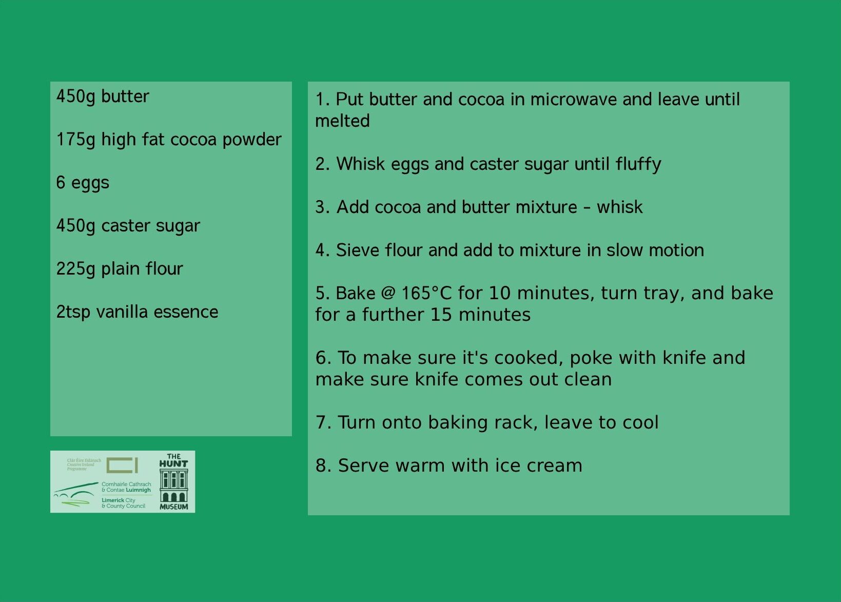 Recipe card with a green background shows ingredients and steps for making a chocolate dessert. Includes butter, cocoa, eggs, sugar, flour. Serve with ice cream.