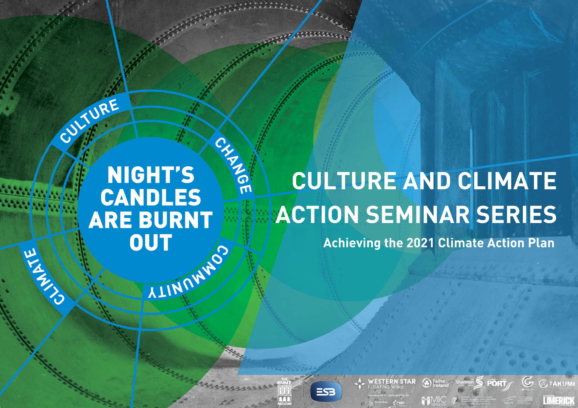 Abstract design featuring overlapping circles in blue and green tones. Central text reads, “Night’s candles are burnt out.” Keywords include Culture, Climate, Change, Community.