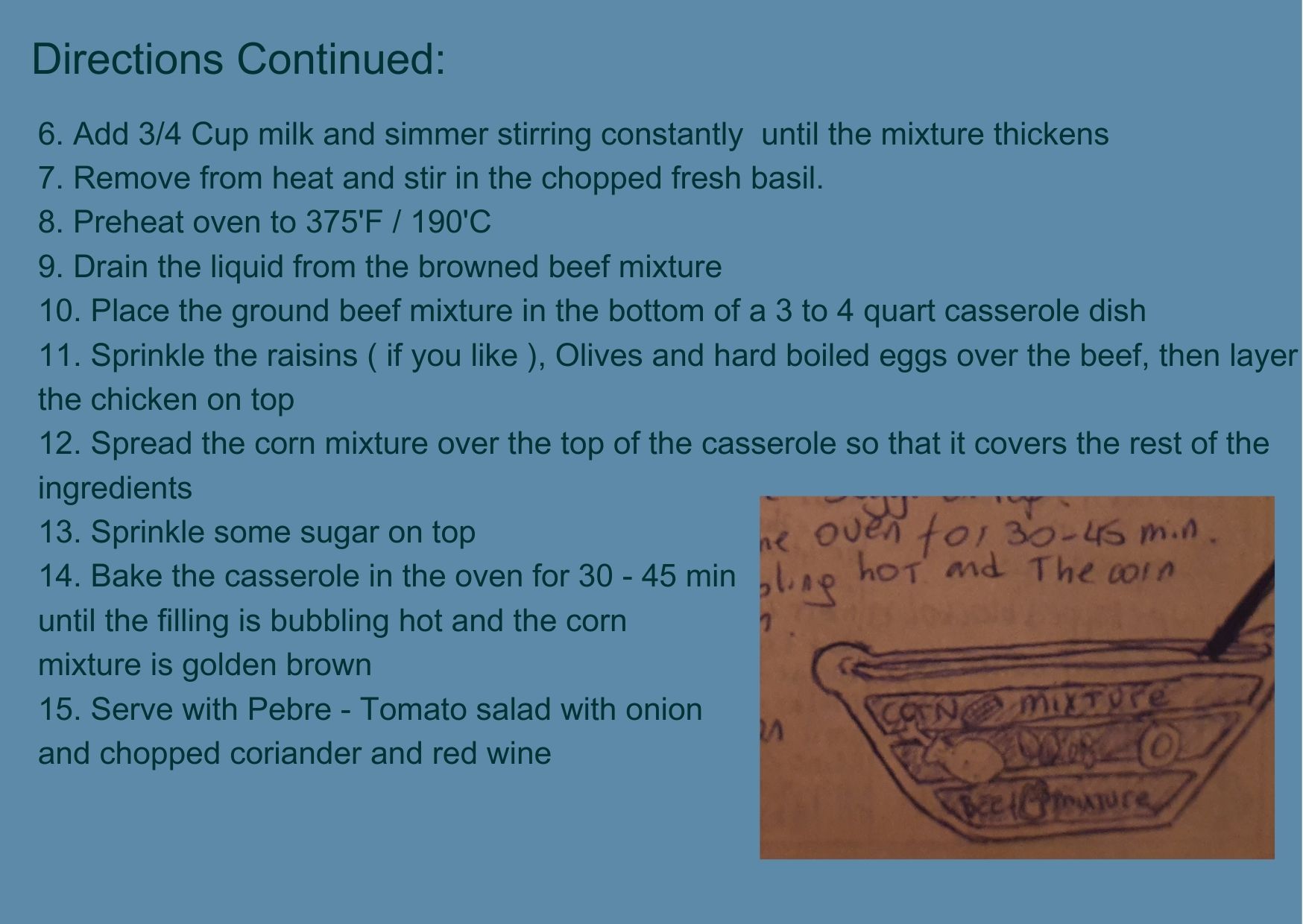 Recipe instructions on a blue background for a beef casserole with corn and chicken, accompanied by a hand-drawn illustration showing the layered dish.