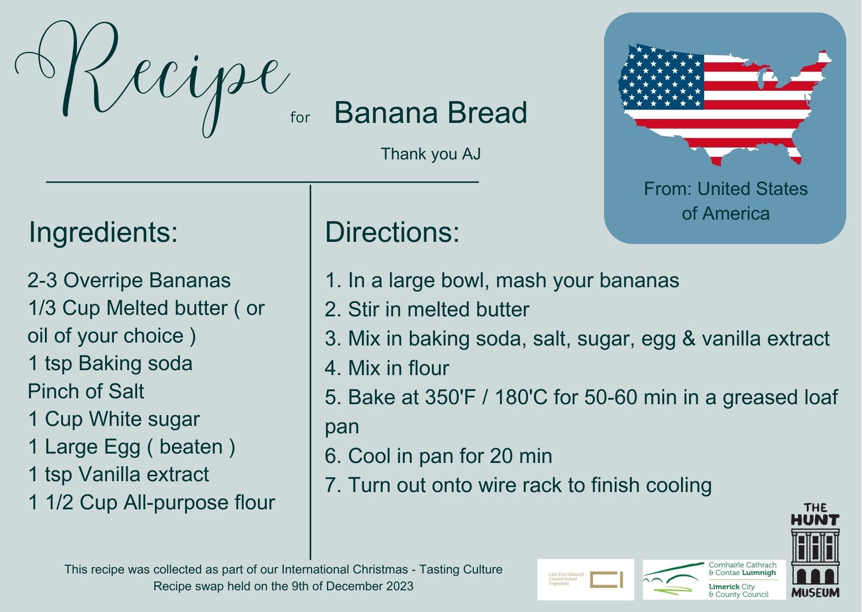 Illustrated banana bread recipe card from the US with ingredients and step-by-step directions. Includes country outline with flag design. Warm tone.