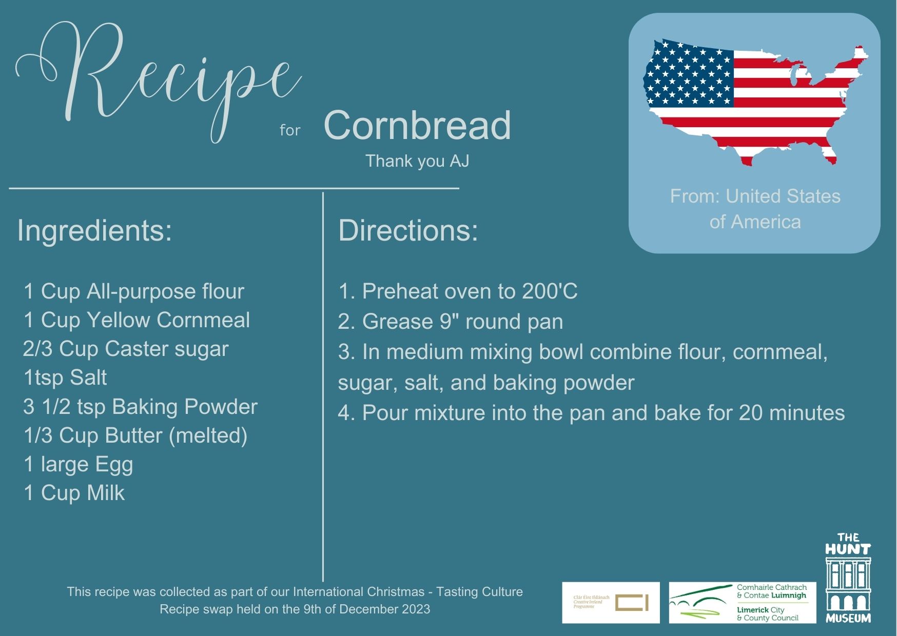 Cornbread recipe card from the USA. Ingredients and directions are listed on a teal background with an American flag map. Part of a cultural event.