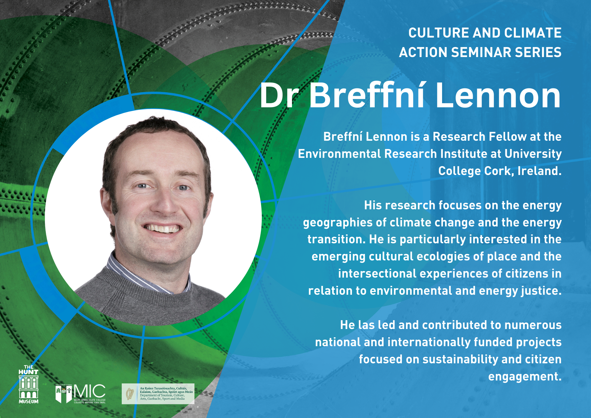 Portrait of Dr. Breffní Lennon on a green and blue abstract background. Text highlights climate research and his role at University College Cork.