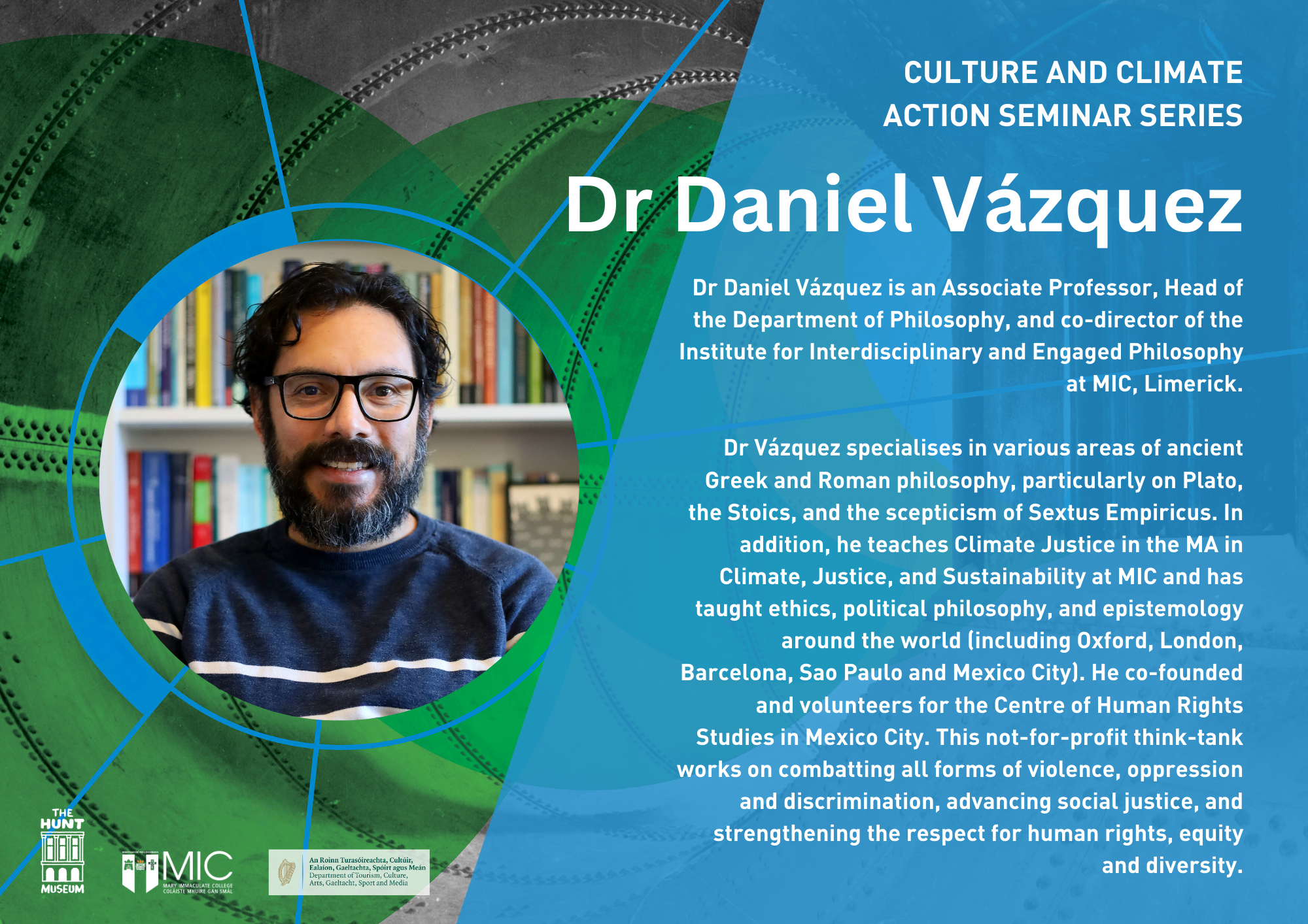 Portrait of a bearded man with glasses, smiling, with bookshelves in the background. Overlaid text details his roles in philosophy and climate justice.