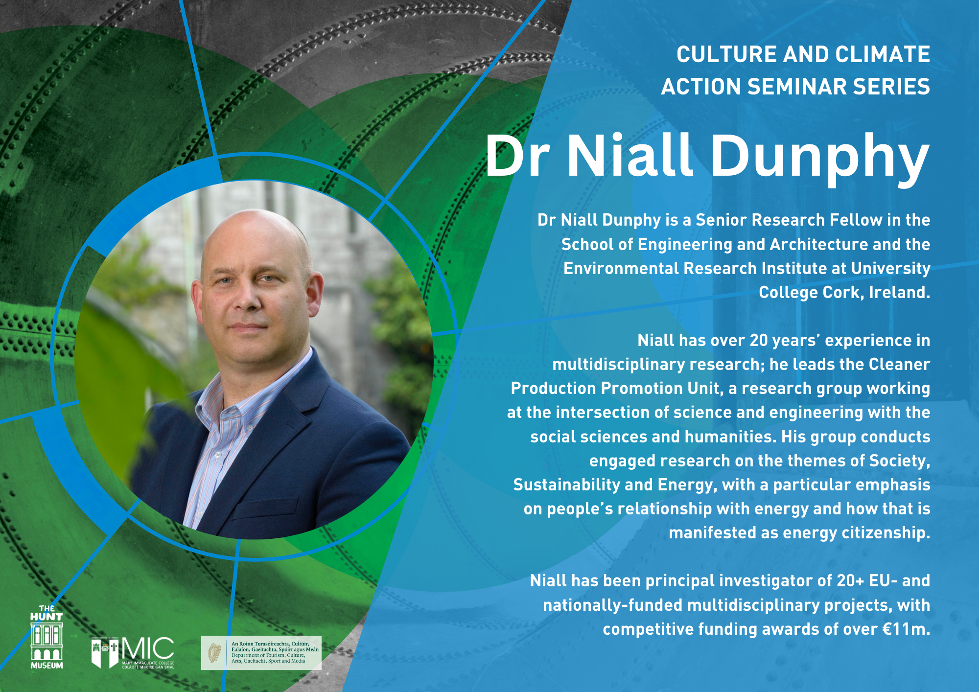 Poster for a seminar featuring Dr. Niall Dunphy, a Senior Research Fellow focused on climate action, engineering, and sustainability research.
