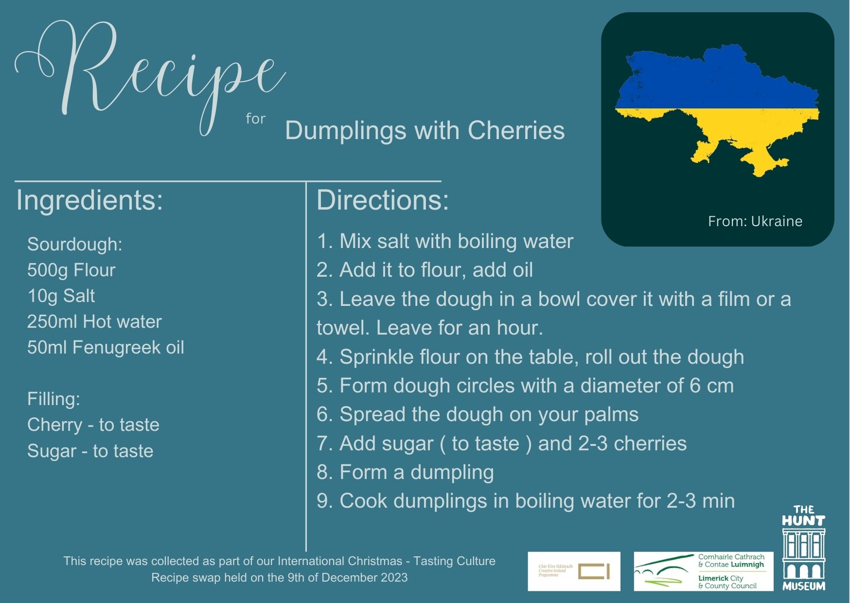 Recipe card for dumplings with cherries from Ukraine. Left shows ingredients, right lists directions. Map of Ukraine in flag colours. Event details at bottom.