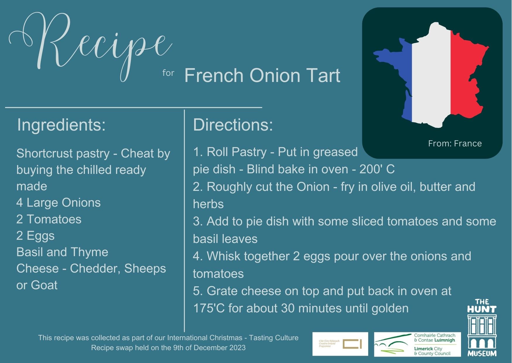 Recipe card for French Onion Tart with ingredients and directions. Includes a French flag and outlines the process in five steps.