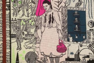 Tapestry depicting a central figure with a pink purse, surrounded by urban scenes. Activists hold 