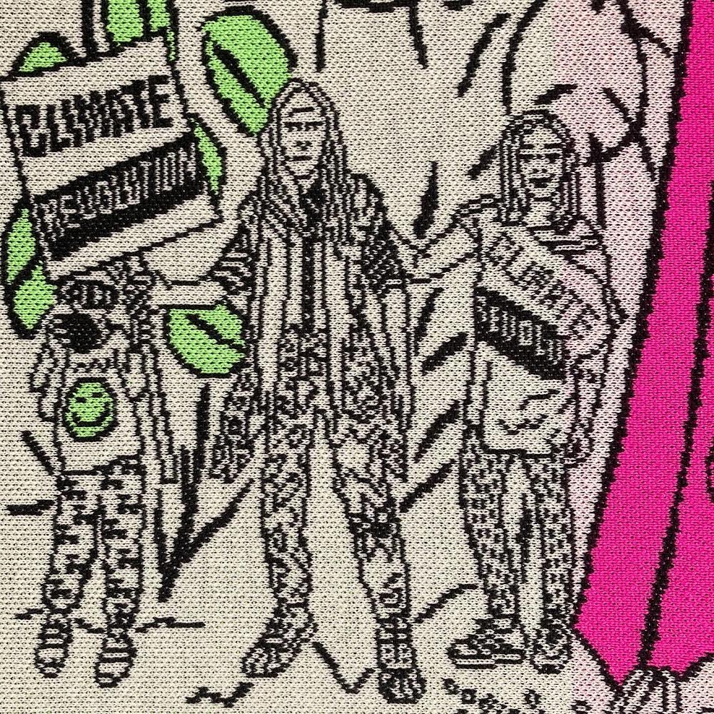 Illustration of three figures in patterned outfits holding 