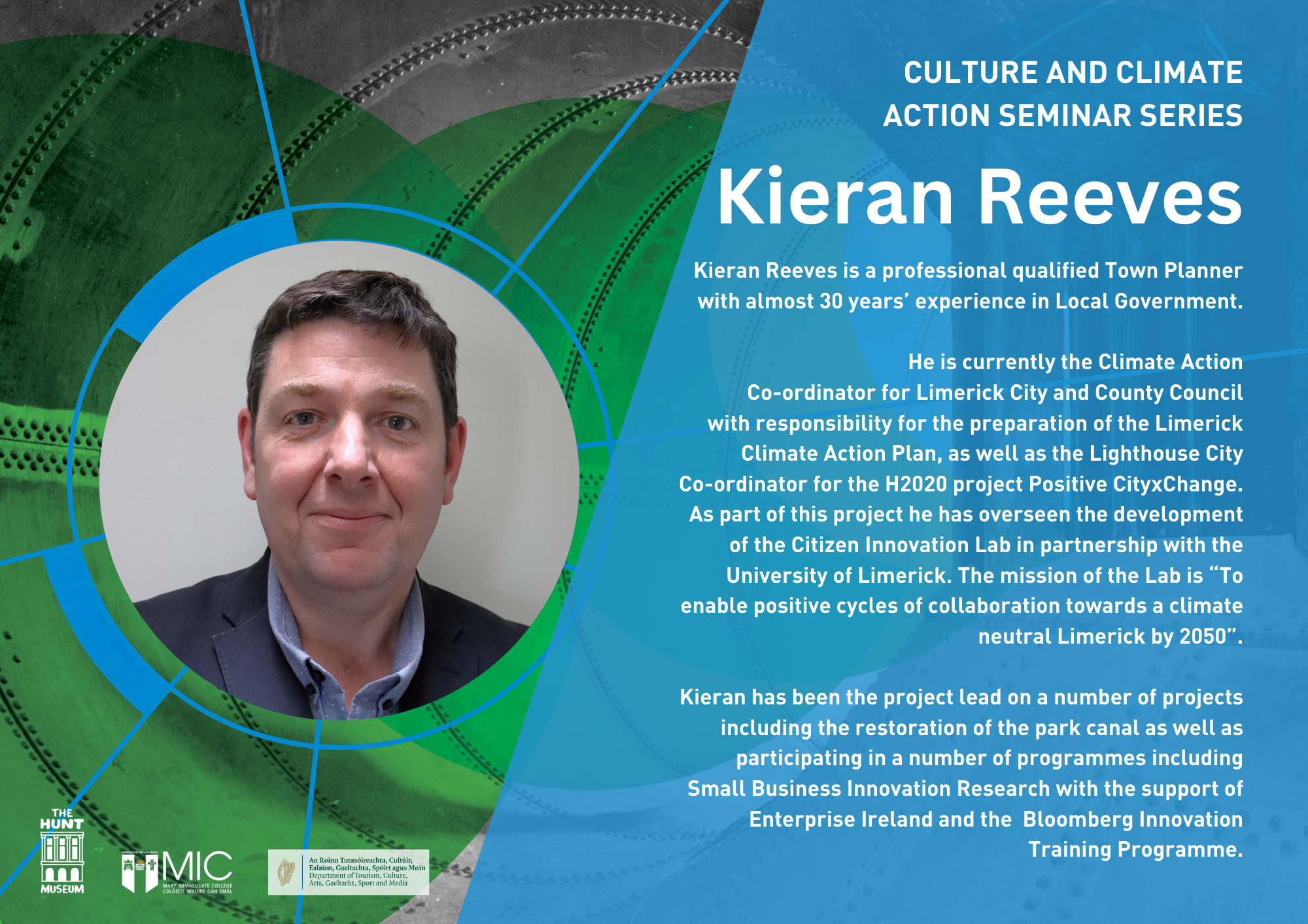 Poster for the Culture and Climate Action Seminar Series featuring Kieran Reeves. Includes his headshot and detailed professional background.