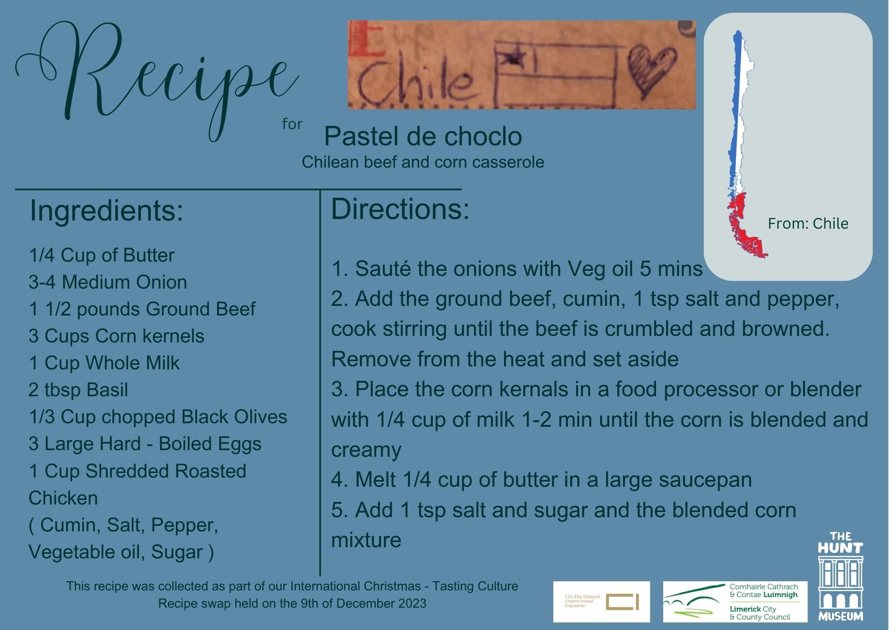 Recipe card for Pastel de Choclo, a Chilean beef and corn casserole. Ingredients and directions are listed. Includes a small Chile map and event note.