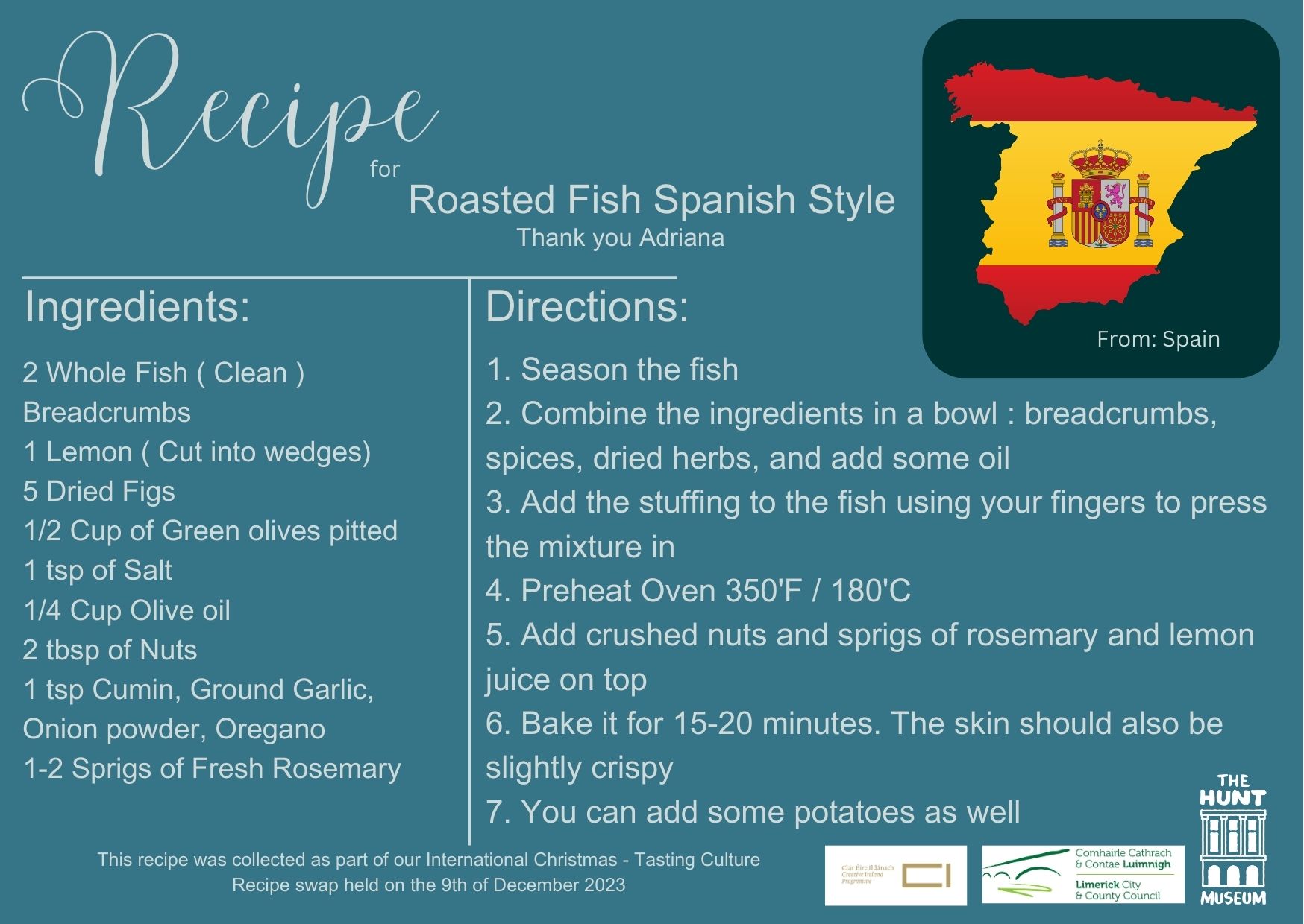 Recipe card for Roasted Fish Spanish Style, featuring ingredients like fish, lemon, figs, and herbs. Directions for preparation are listed. Includes a map of Spain with its flag. Blue background with elegant script at the top. Cultural and festive tone conveyed.